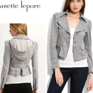 Nanette Lepore Alahambra Jacket Blazer Large Grey Cotton Button Usa Cropped Hood